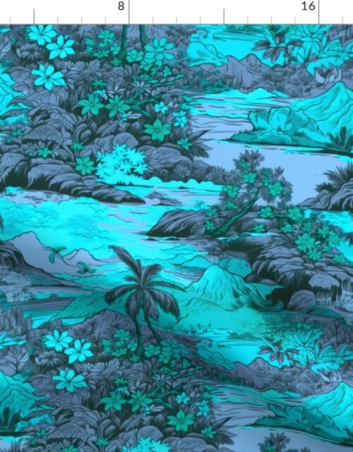 Small Vintage Hawaiian Landscape in Aqua and Violet Fabric