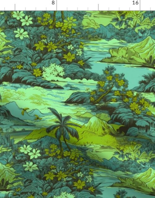 Small Vintage Hawaiian Landscape in Lime and Aqua Fabric