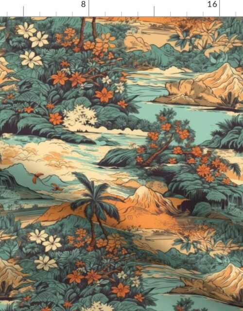 Small Vintage Hawaiian Landscape in Teal and Orange Fabric