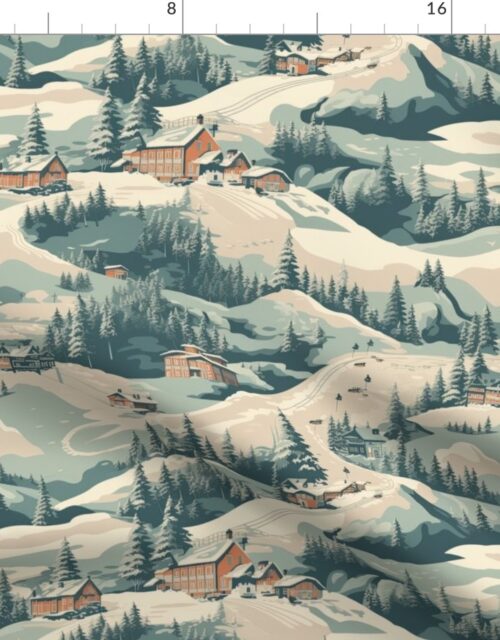 Small Vintage Ski Slope Cabins in Woods Blue Fabric