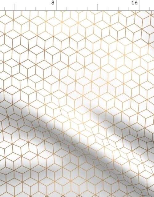 Small White and Faux Metallic Gold Art Deco 3D Geometric Cubes Fabric