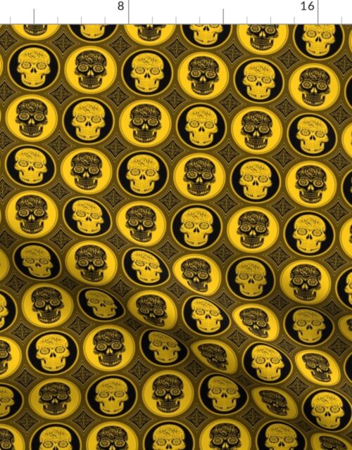 Small Yellow and Black Skulls Calaveras Day of the Dead Dia de los Muertos Fabric