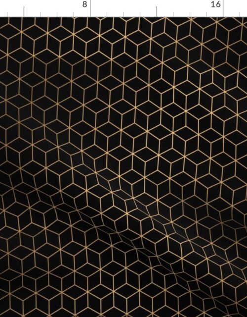 Small  Black and Faux Metallic Gold Art Deco 3D Geometric Cubes Fabric
