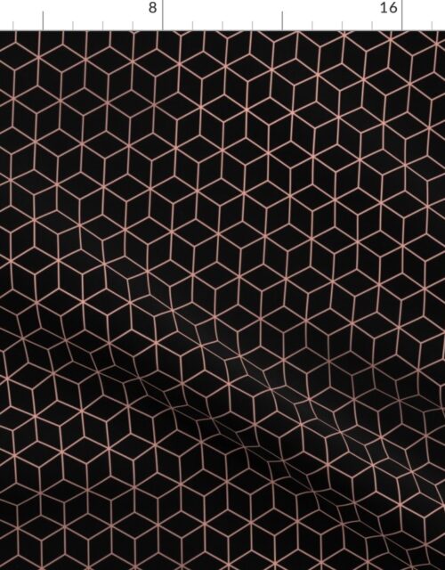 Small  Black and Faux Metallic Rose Gold Art Deco 3D Geometric Cubes Fabric