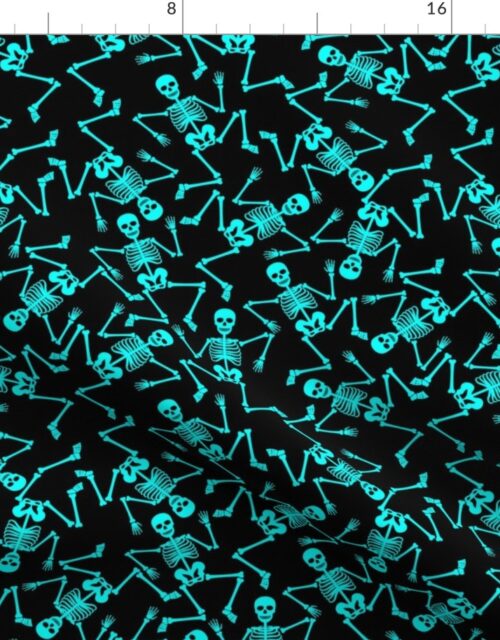 Small  Bright Aqua Dancing Halloween Skeletons Scattered On Black Fabric