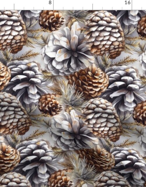 Snow Covered Faux Silver and Gold_Pinecones Watercolor Fabric