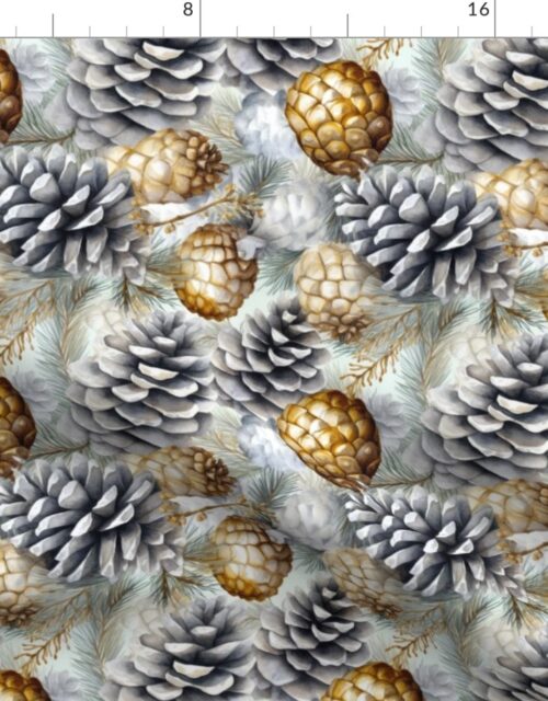Snow Covered Faux Silver and Gold_Pinecones Watercolor Fabric