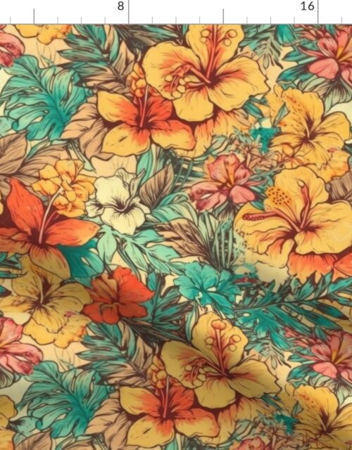 Soft Vintage Hawaiian Hibiscus Watercolor in Coral Orange Fabric