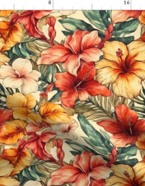 Soft  Vintage Hawaiian Hibiscus Watercolor in Coral and Cream Fabric