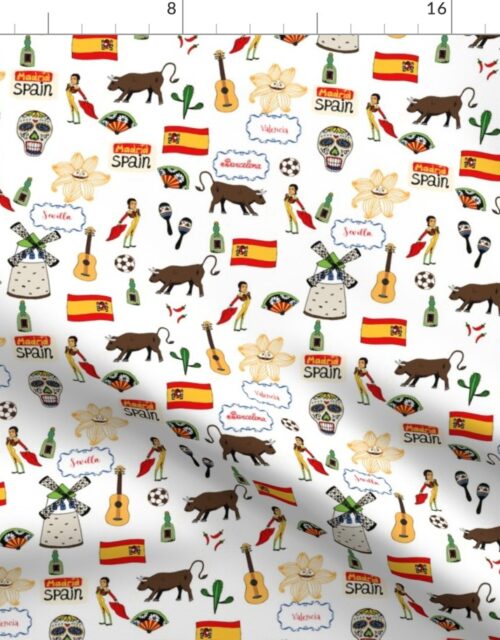 Spain Handdrawn Motifs Matador, Windmill, Bull, Maracas, Football, Flamenco Guitar on White Fabric