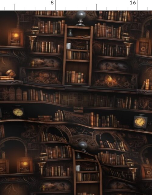 Spooky Photo-realisticSmall Dark Academia Stampunk Bookshelves in Muted Tones with Glowing Candles and Skulls Fabric