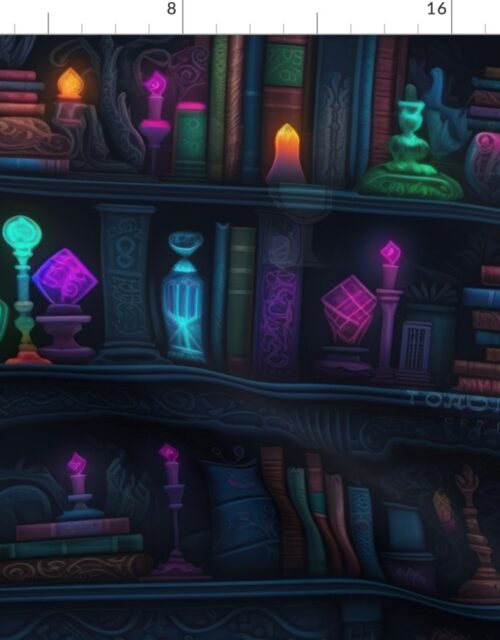 Spooky Photo-realistic Dark Academia Bookshelves in Bright Neons with Glowing Lanterns Fabric