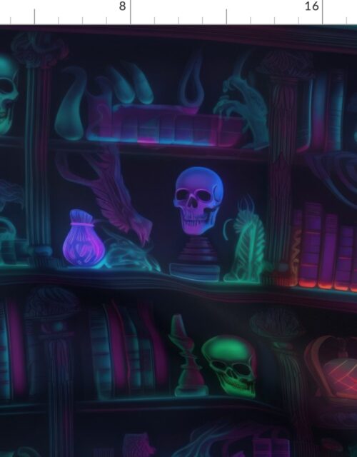 Spooky Photo-realistic Dark Academia Bookshelves in Bright Neons with Glowing Skulls Fabric