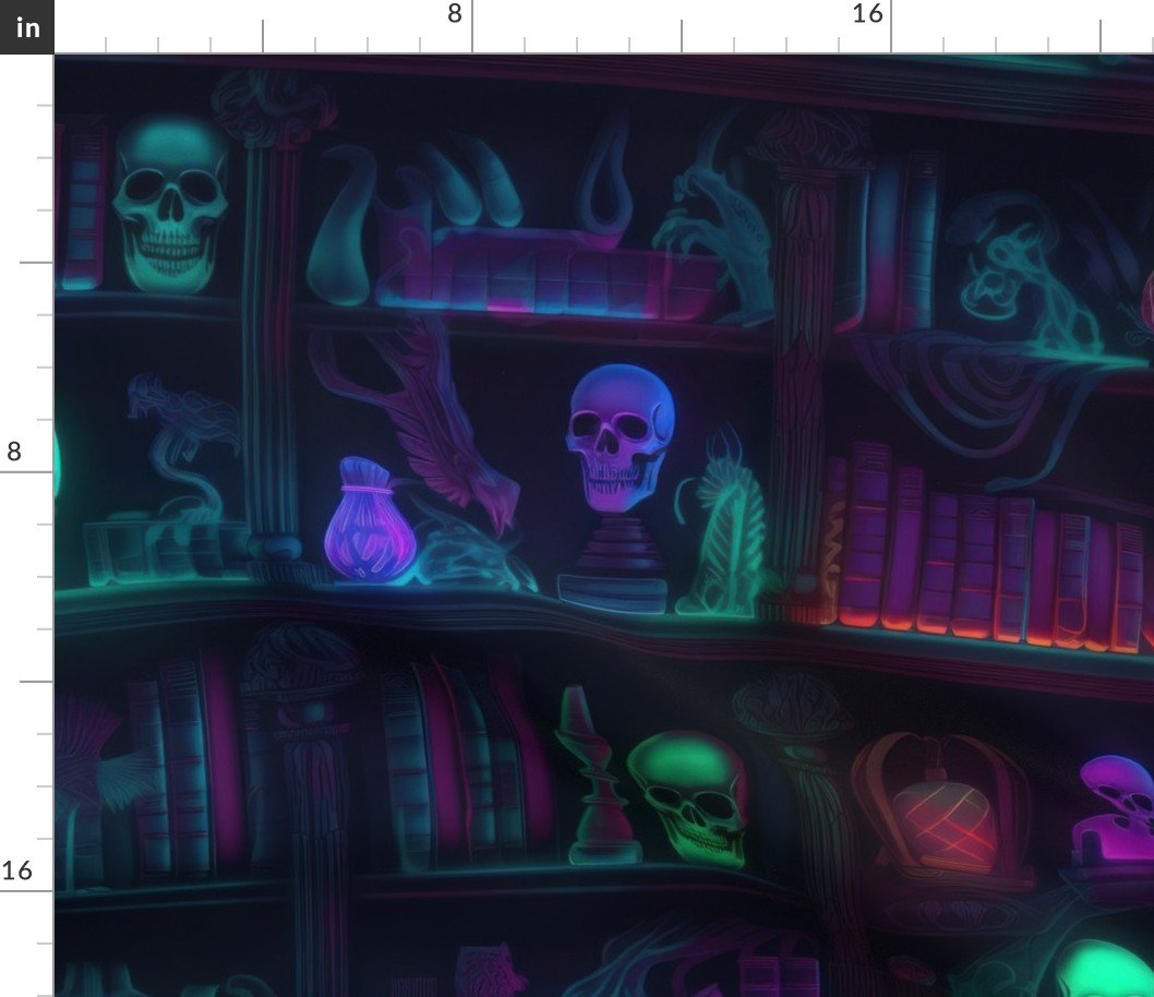Spooky Photo-realistic Dark Academia Bookshelves in Bright Neons with Glowing Skulls Fabric
