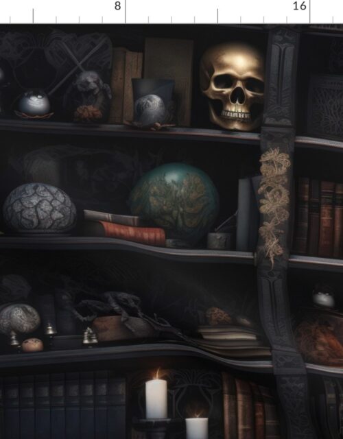 Spooky Photo-realistic Dark Academia Bookshelves in Muted Tones with Glowing Candles and Skulls Fabric