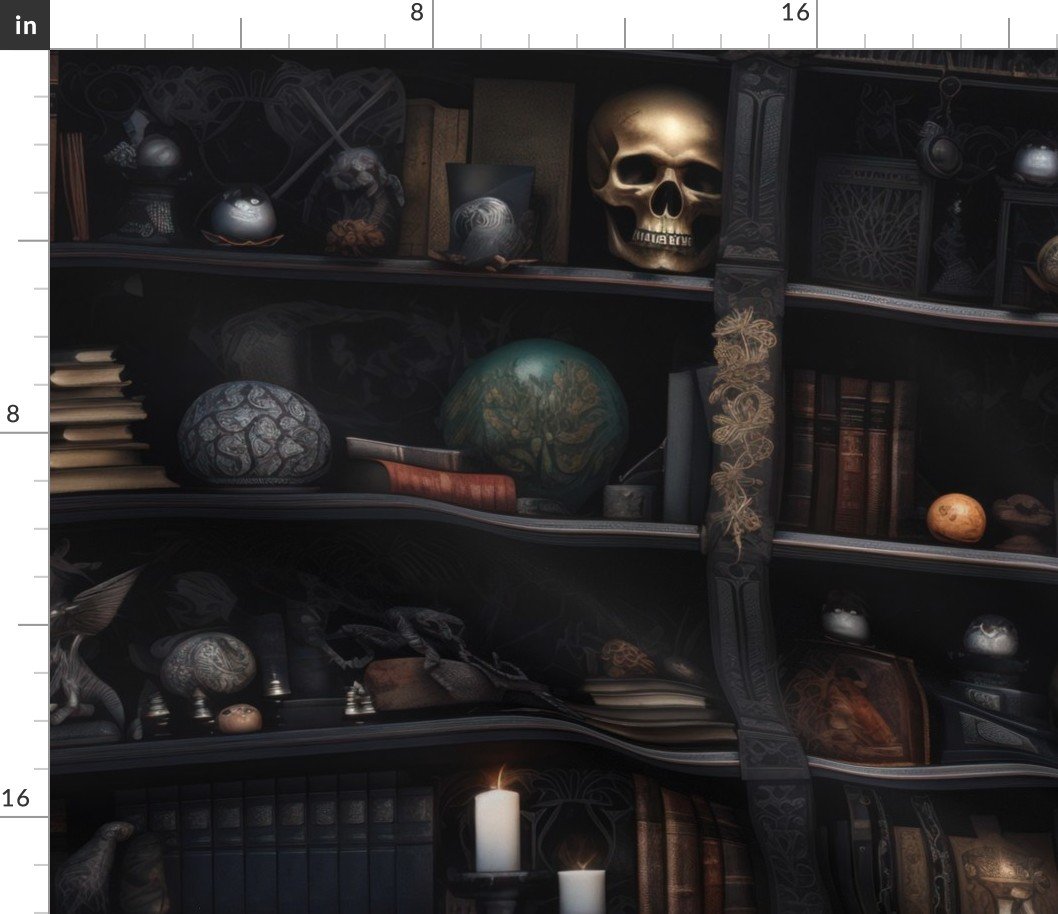 Spooky Photo-realistic Dark Academia Bookshelves in Muted Tones with Glowing Candles and Skulls Fabric