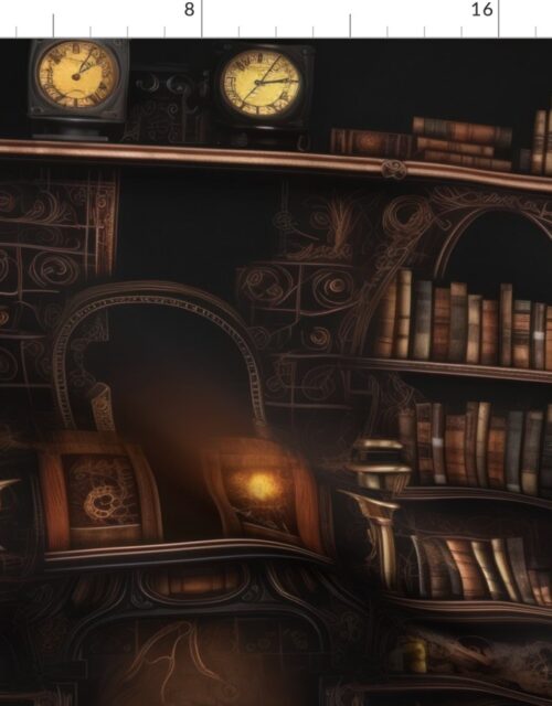 Spooky Photo-realistic Dark Academia Stampunk Bookshelves in Muted Tones with Glowing Candles and Skulls Fabric