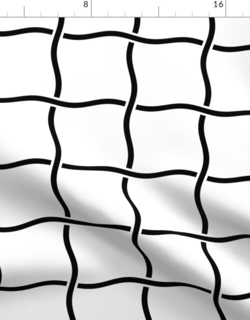 Squiggly Black Lines Crossed as a Grid on White Fabric