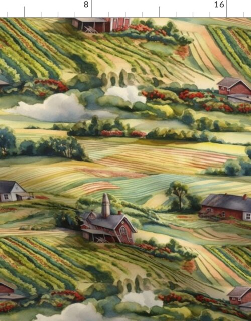 Summer Farm Landscape Watercolor Fabric