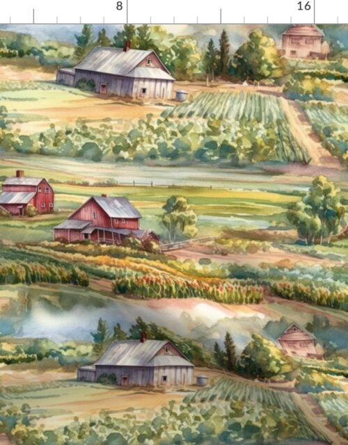 Summer Farm Landscape Watercolor Fabric