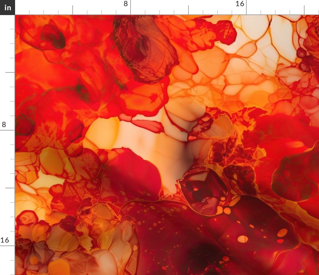 Sunset Orange and Red with Rose Gold Alcohol Ink Liquid Swirls Fabric