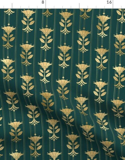 Teal and Faux Gold Foil Mini Vintage Art Deco Damask Pattern Fabric