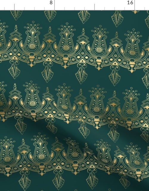 Teal and Faux Gold Foil Vintage Art Deco Damask Border Pattern Fabric