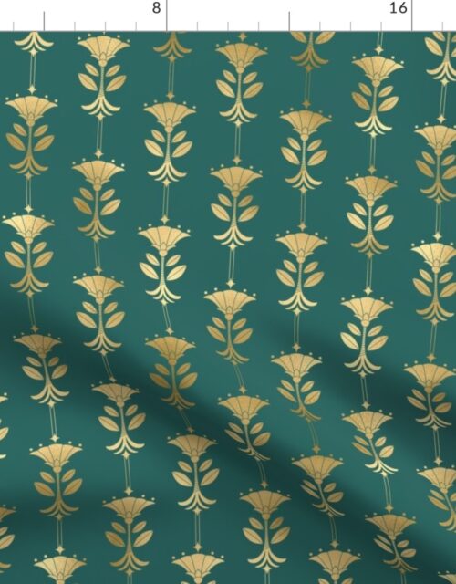 Teal and Faux Gold Foil Vintage Art Deco Damask Pattern Fabric
