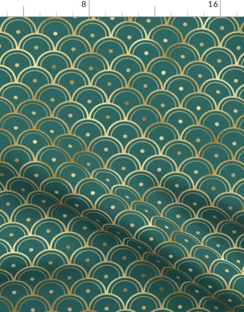 Teal and Faux Gold Foil Vintage Art Deco Dotted Scales Pattern Fabric