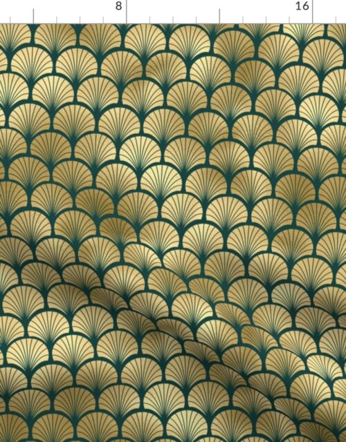 Teal and Faux Gold Foil Vintage Art Deco Fan Palms Pattern Fabric