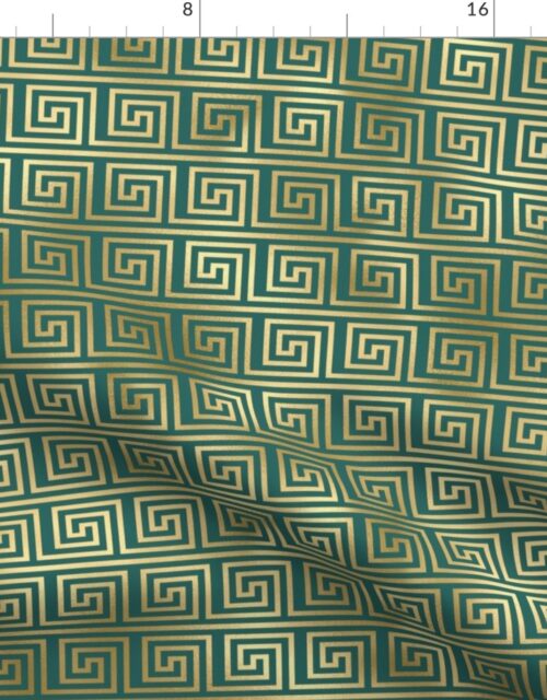 Teal and Faux Gold Foil Vintage Art Deco Greek Key Pattern Fabric