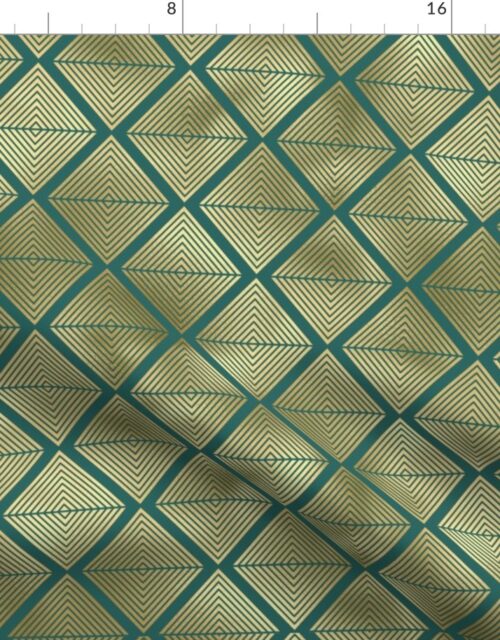Teal and Faux Gold Foil Vintage Art Deco Lined Diamonds Pattern Fabric