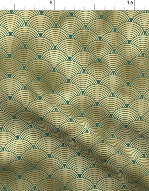 Teal and Faux Gold Foil Vintage Art Deco Scales Pattern Fabric