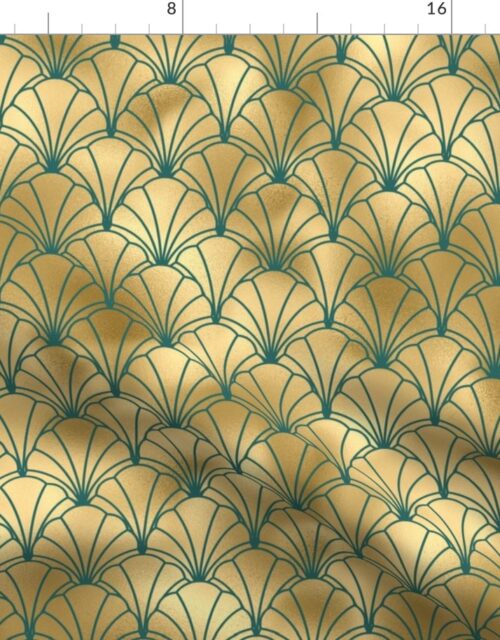 Teal and Faux Gold Foil Vintage Art Deco Scallop Shell Pattern Fabric