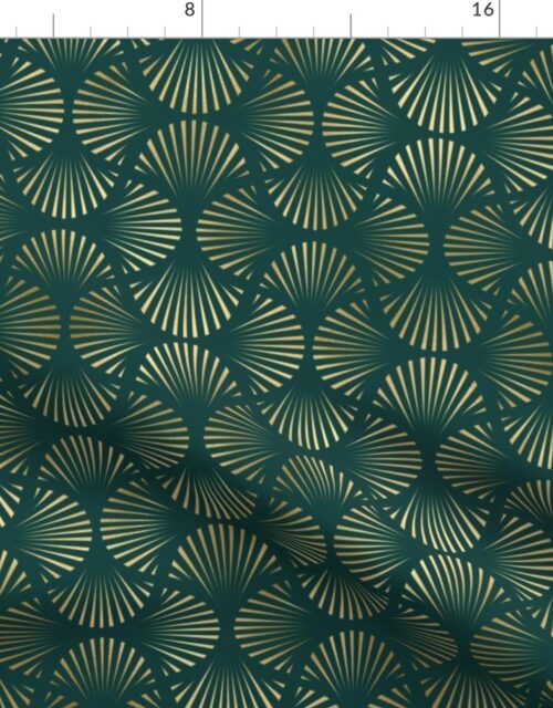 Teal and Faux Gold Foil Vintage Art Deco Splayed Fan Palm Pattern Fabric