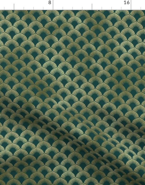Teal and Faux Gold Foil  Vintage Art Deco Ringed Scales Pattern Fabric