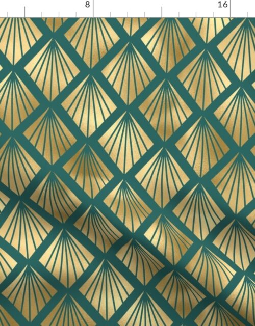Teal and Faux Gold Vintage Foil Art Deco Diamond Fan Pattern Fabric