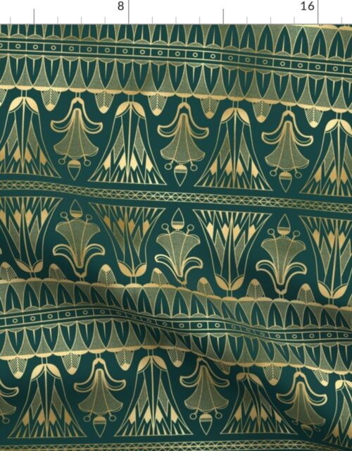 Teal and Faux Gold Vintage Foil Art Deco Egg and Dart Frieze Pattern Fabric