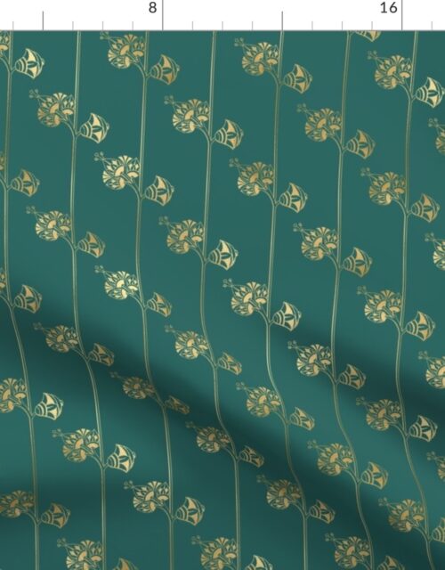 Teal and Faux Gold Vintage Foil Art Deco Floral Pattern Fabric