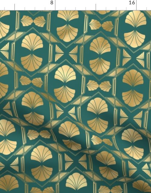 Teal and Faux Gold Vintage Foil Art Deco Scallop Shell Pattern Fabric