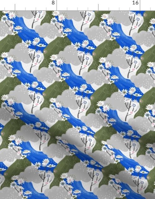 Tiny Blue and White Daisies Abstract Seamless Repeat Pattern Fabric