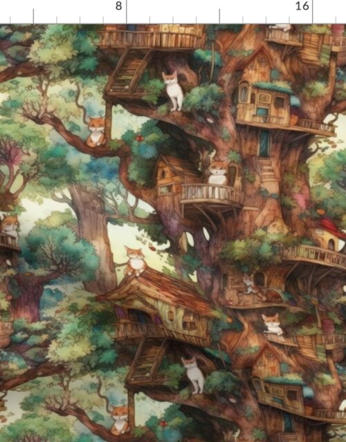 Tree Cat Village with Tree Houses Fabric