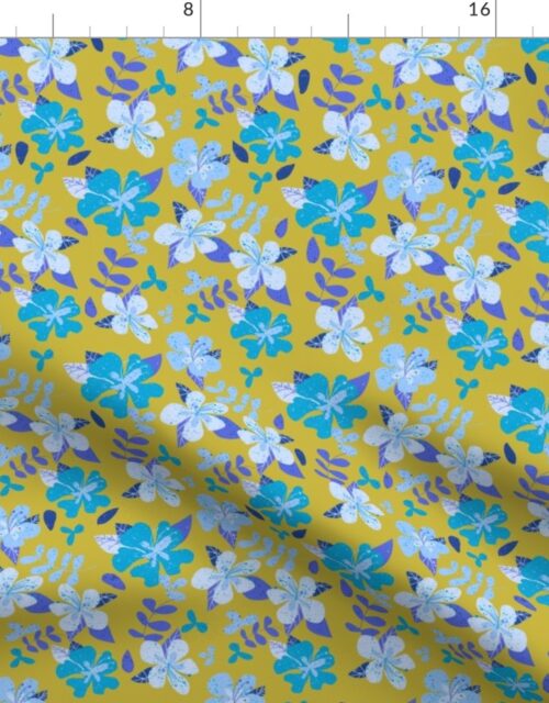 Tropical Blue and Indigo Hibiscus Floral Repeat on Gold Fabric