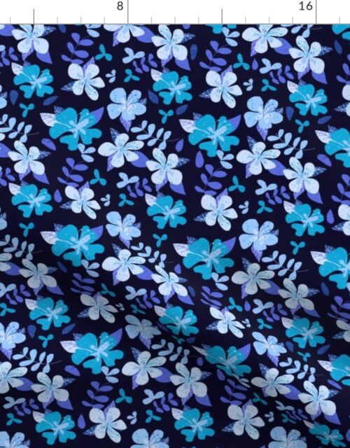 Tropical Blue and Indigo Hibiscus Floral Repeat on Navy Fabric