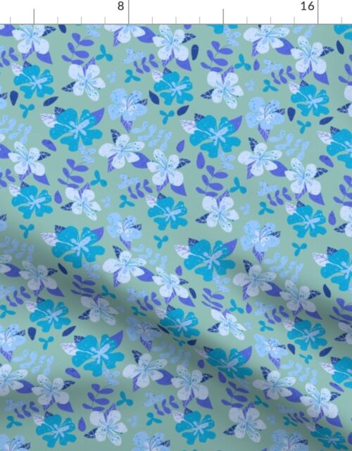 Tropical Blue and Indigo Hibiscus Floral Repeat on Seafoam Fabric
