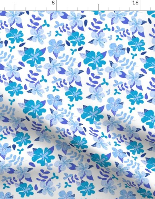 Tropical Blue and Indigo Hibiscus Floral Repeat on White Fabric