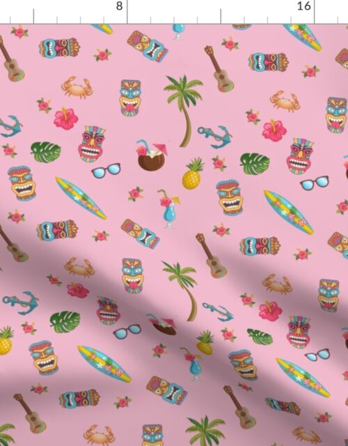 Tropical Hawaiian Tiki Repeat Pattern on Pink Fabric