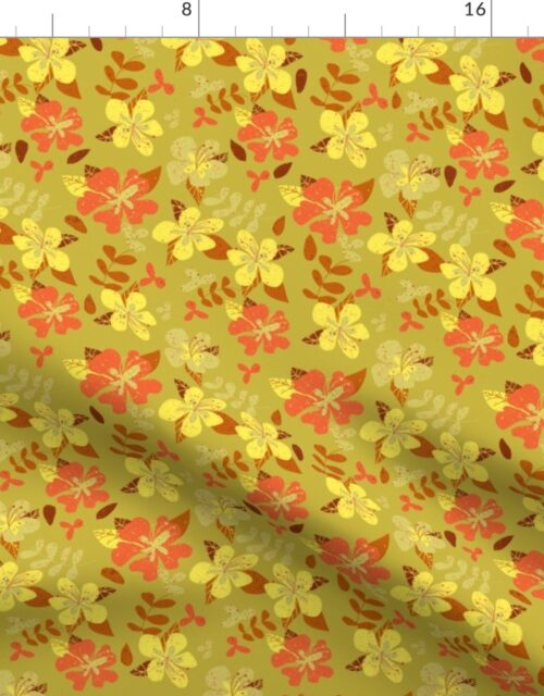 Tropical Orange and Brown Hibiscus Retro Repeat on Gold Fabric