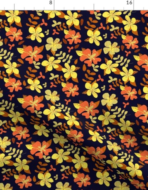 Tropical Orange and Brown Hibiscus Retro Repeat on Navy Fabric