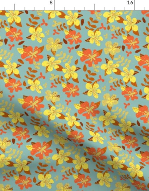 Tropical Orange and Brown Hibiscus Retro Repeat on Seafoam Fabric